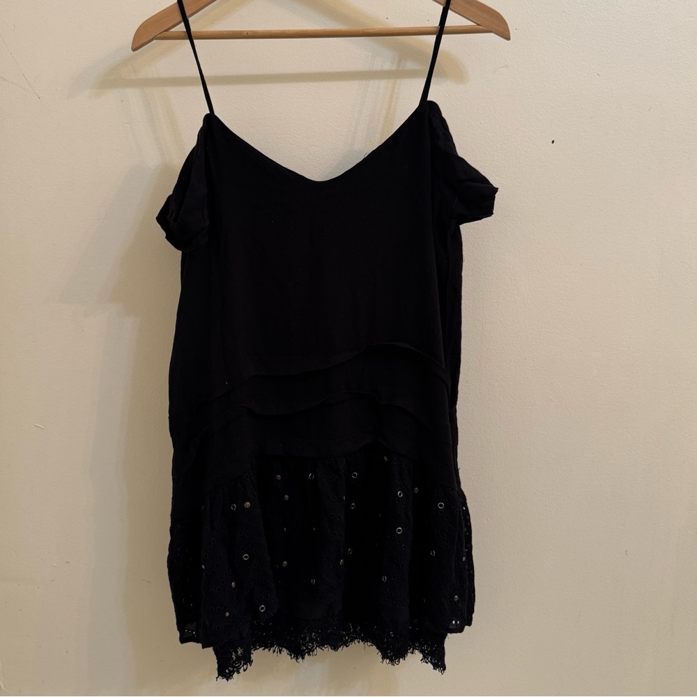 Zara Trafaluc Black Velvet Embellished Slip Dress with Lace Hem